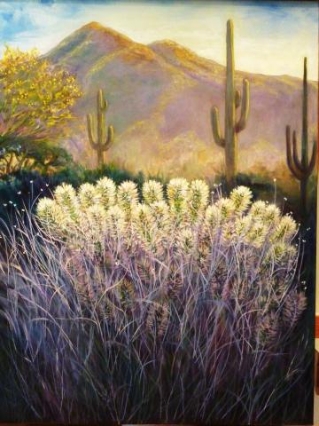 Black Mountain with Cholla Cactus Painting by Roberta Kritzia